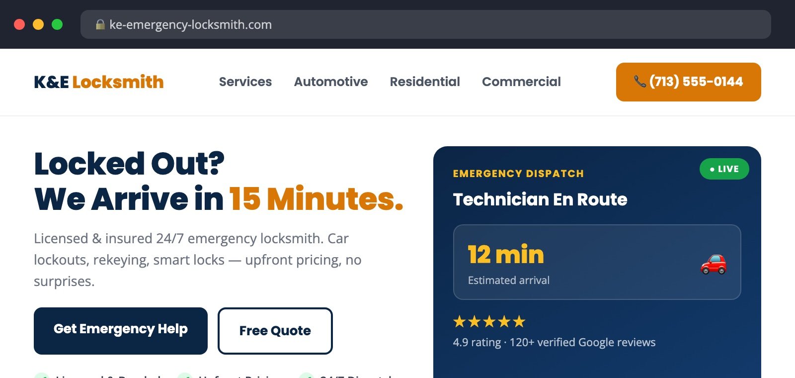 Emergency locksmith website with live dispatch panel, K&E Locksmith case study