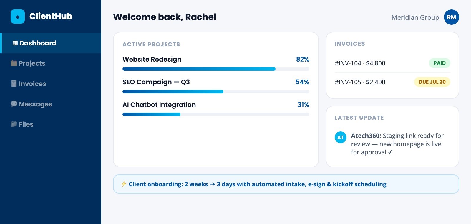 Client portal web application with project progress, invoices and messages