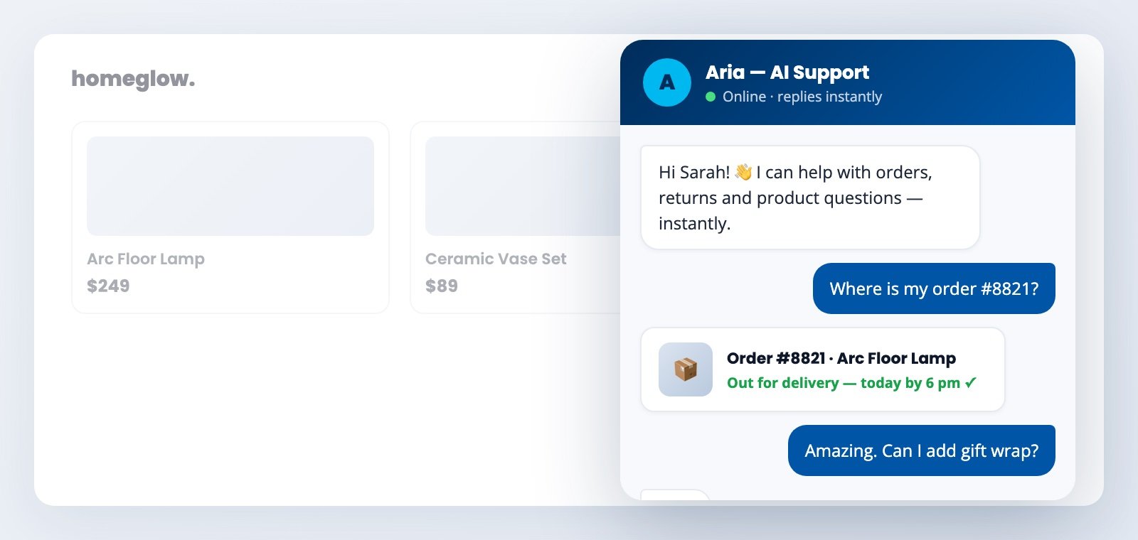 Aria AI customer support chatbot resolving an order query on an e-commerce store